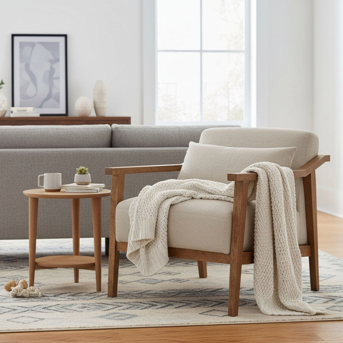 Arm Accent Chair in light beige upholstery with a warm wood frame and cozy knit throw on Tampa Home & Garden Store