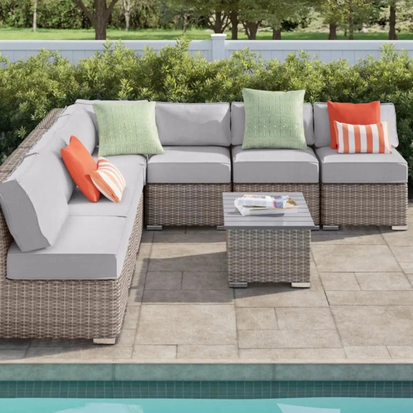 Wicker sectional sofa with gray cushions and table; 2-piece outdoor set on Tampa Home & Garden Store