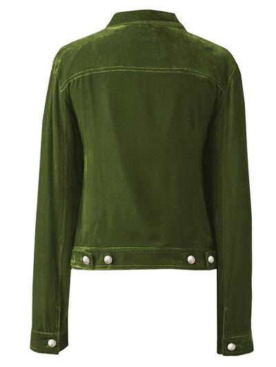 Stevvex olive green trucker jacket with buttoned hem and cuffs on Tampa Home & Garden Store