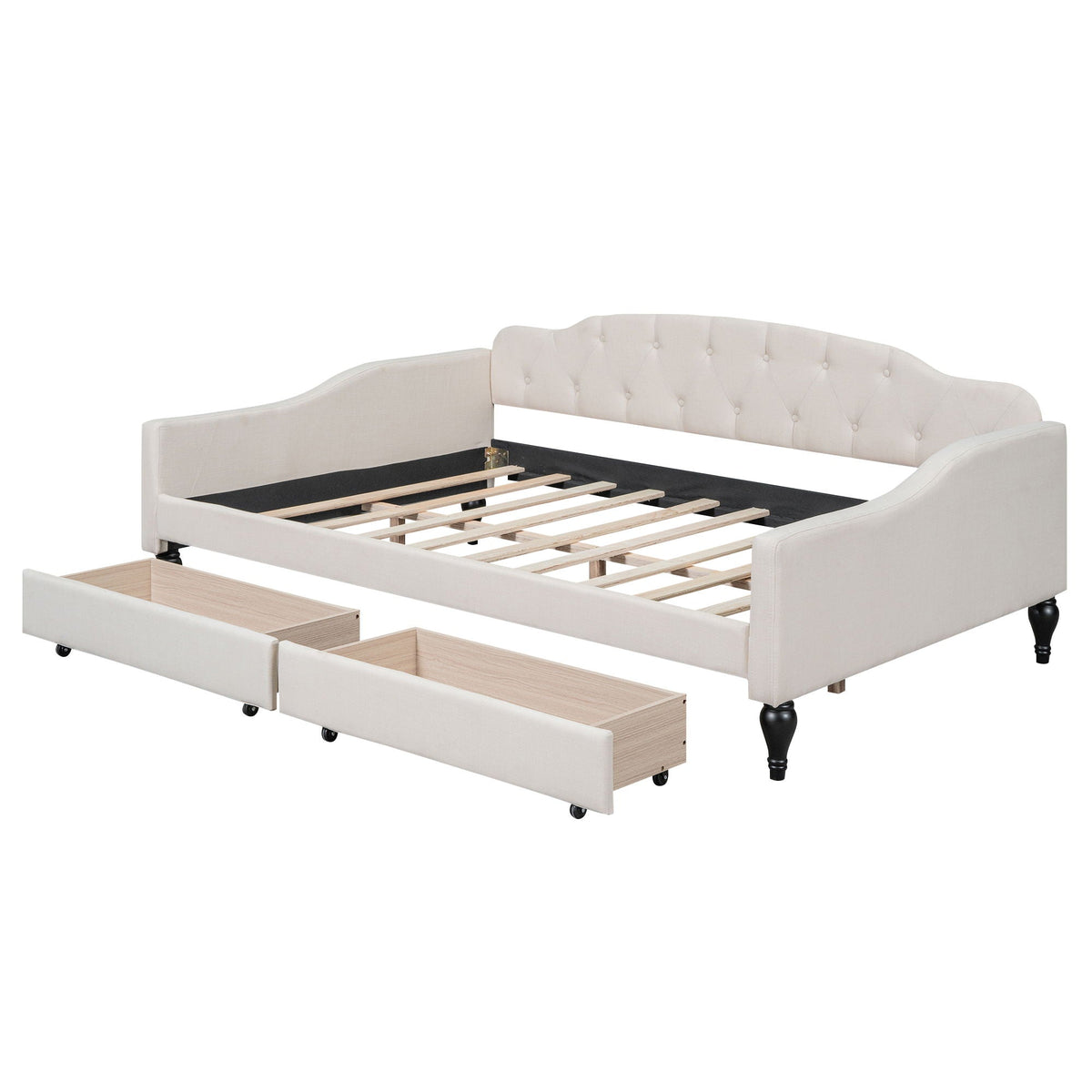 Upholstered tufted daybed by HouseOfZazla in beige fabric with curved back and drawers on Tampa Home & Garden Store