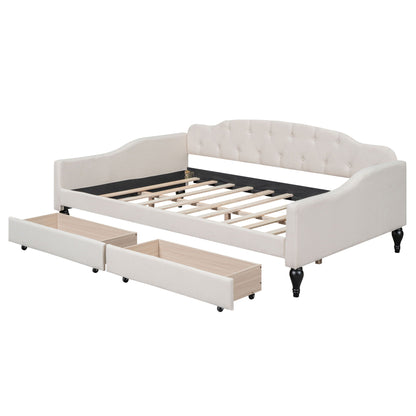 Upholstered tufted daybed by HouseOfZazla in beige fabric with curved back and drawers on Tampa Home & Garden Store