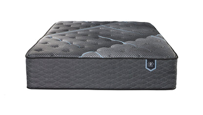 Queen Restonic ComfortCare Hybrid plush mattress with dark gray quilted cover and blue accents on Tampa Home & Garden Store