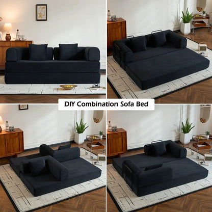 Convertible sleeper sofa bed in black fabric with cylindrical back cushions, fixed frame on Tampa Home & Garden Store