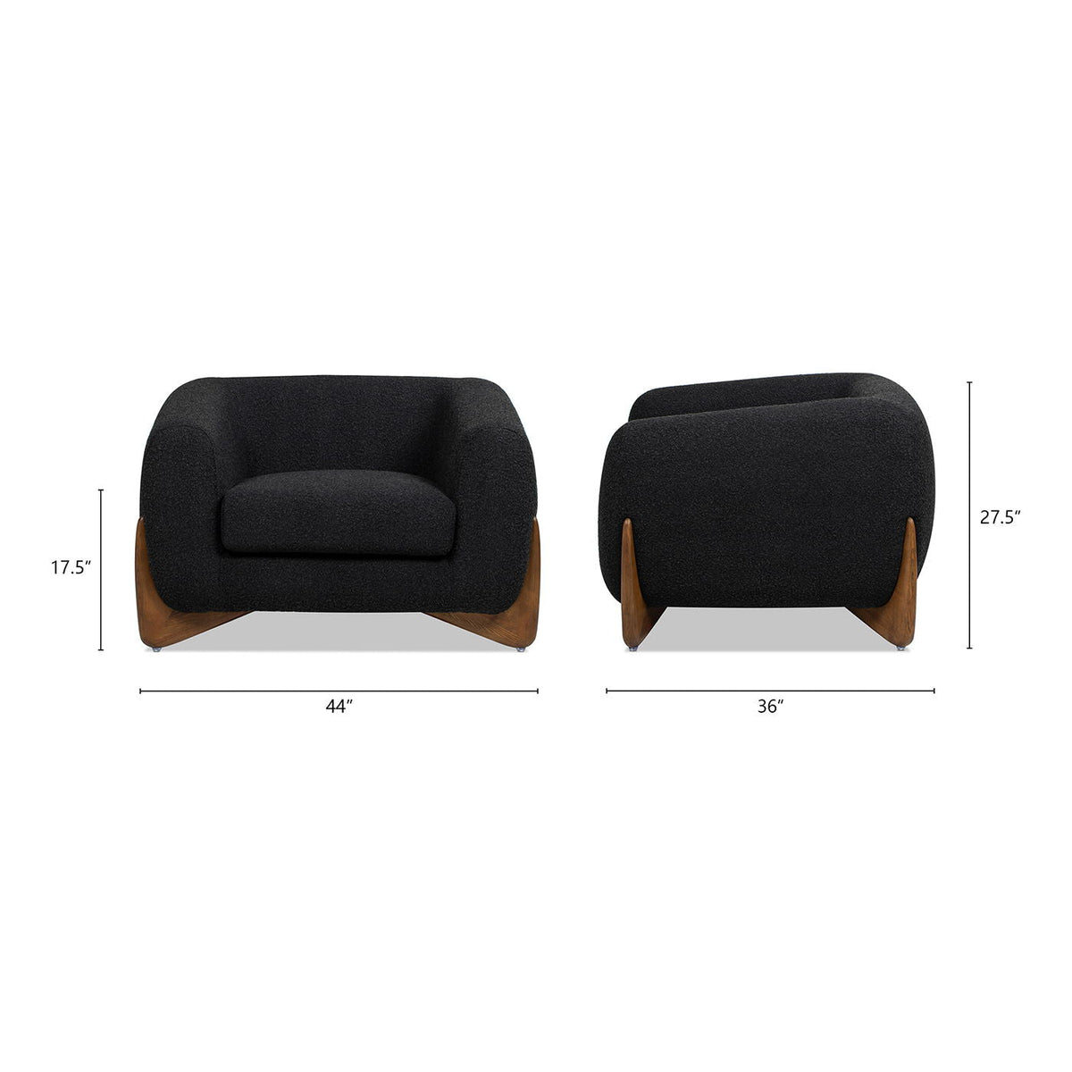 Sherpa Arm Chair with Removable Cushion in black fabric, wooden legs, front and back views on Tampa Home & Garden Store