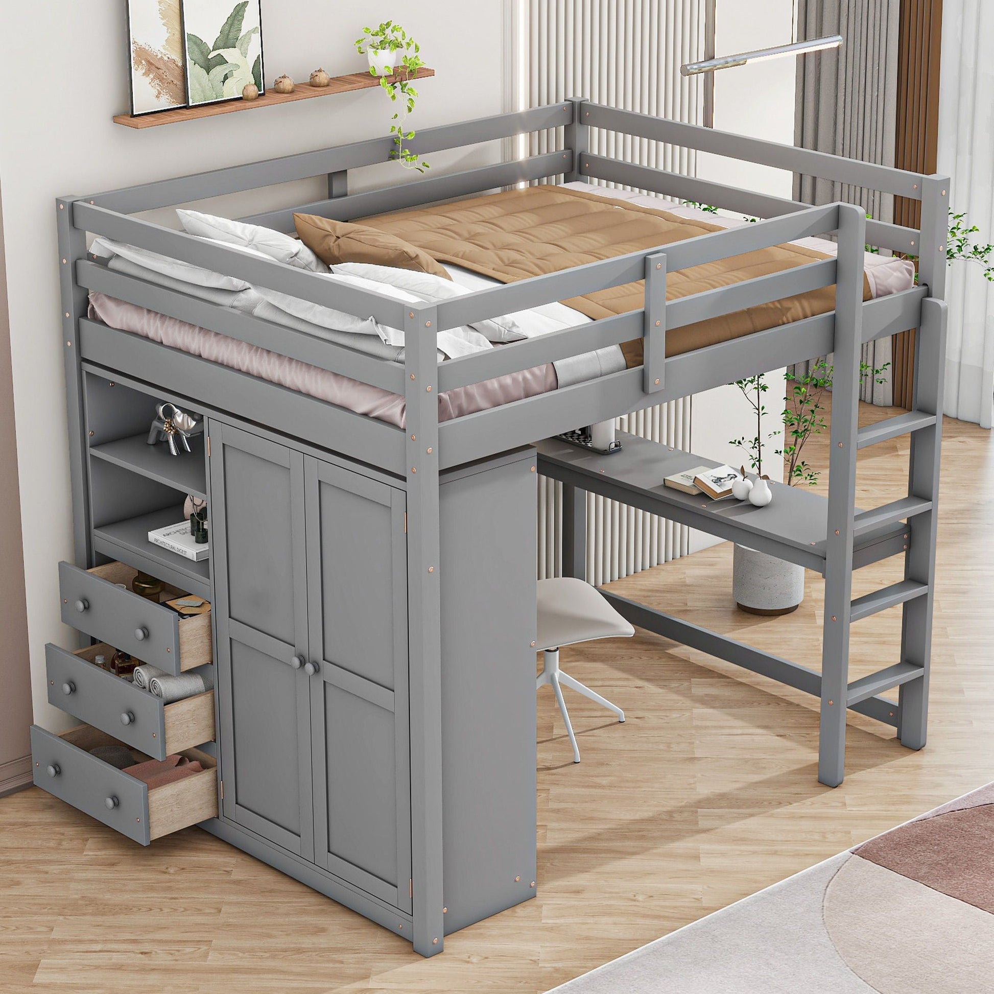 Loft bed with built-in wardrobe, shelves and drawers by HouseOfZazla in gray on Tampa Home & Garden Store