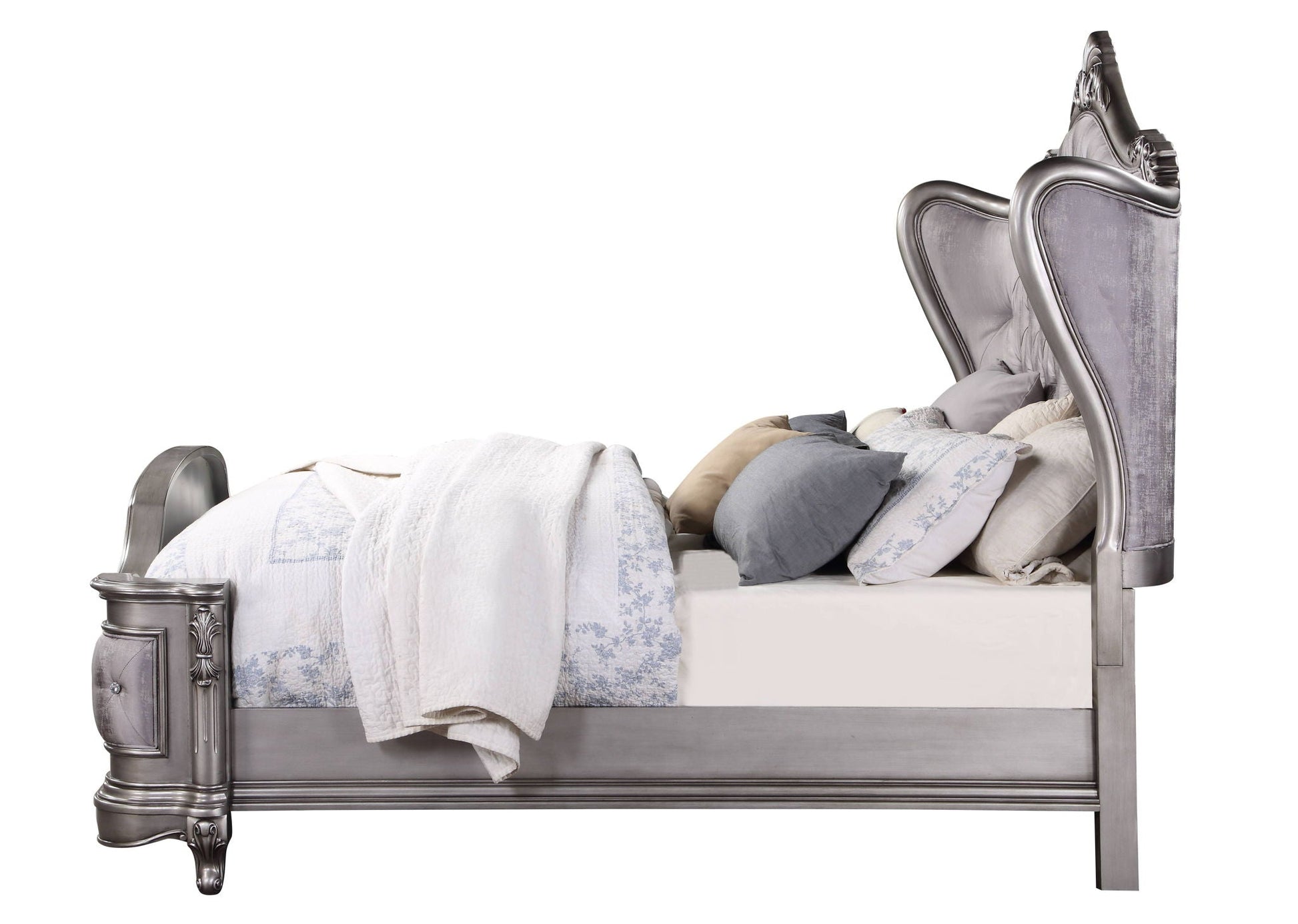 Ariadne Luxurious Design Bed, upholstered in metallic gray with ornate headboard by HouseOfZazla on Tampa Home & Garden Store