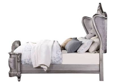 Ariadne Luxurious Design Bed, upholstered in metallic gray with ornate headboard by HouseOfZazla on Tampa Home & Garden Store