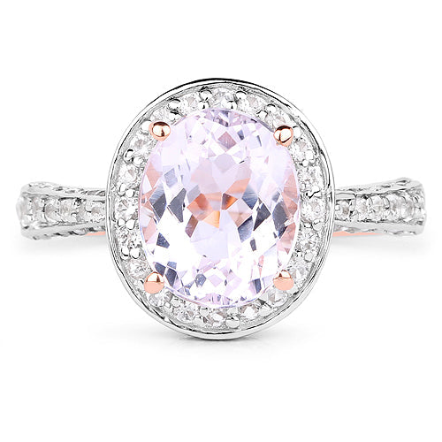 Kunzite and white zircon ring, 14K rose gold plated .925 silver, 3.86 ct oval center with halo on Tampa Home & Garden Store