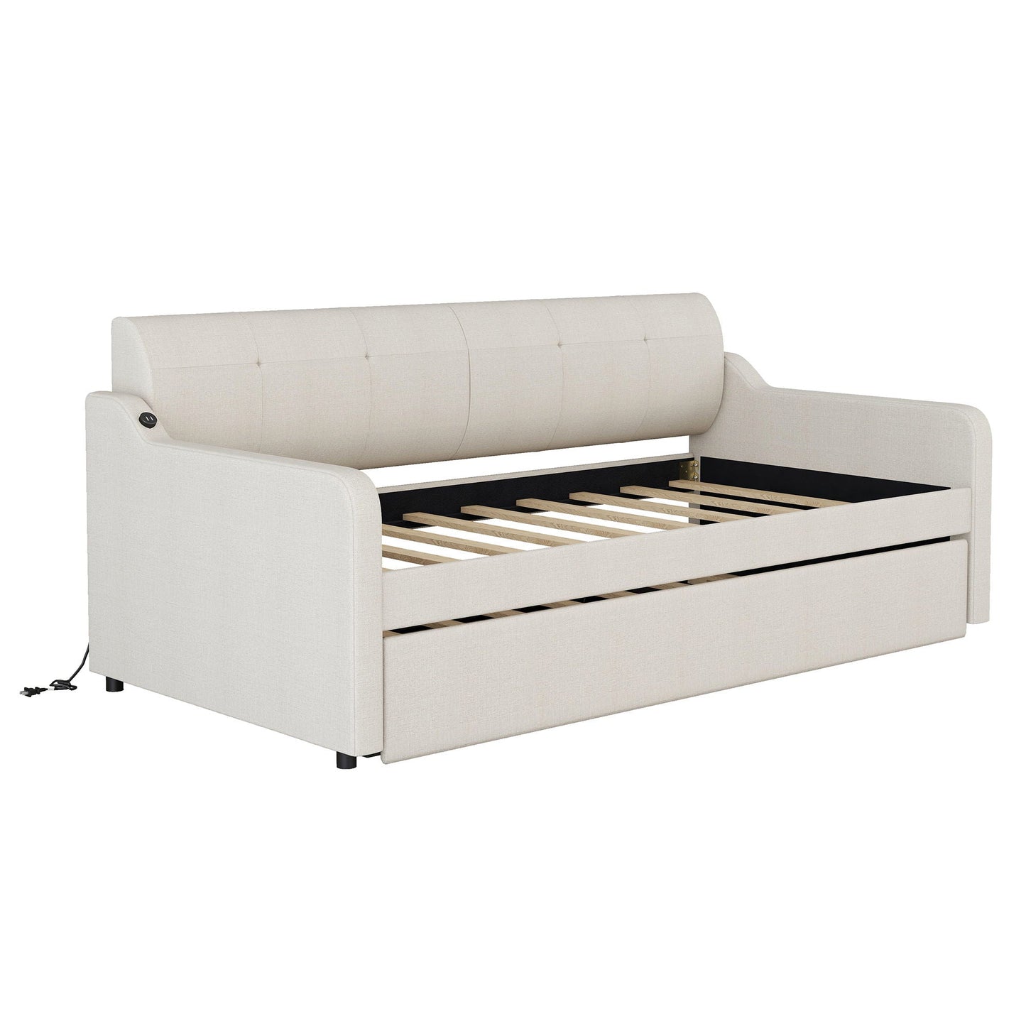 Upholstered daybed with trundle in beige fabric, USB charging, HouseOfZazla bed frame on Tampa Home & Garden Store