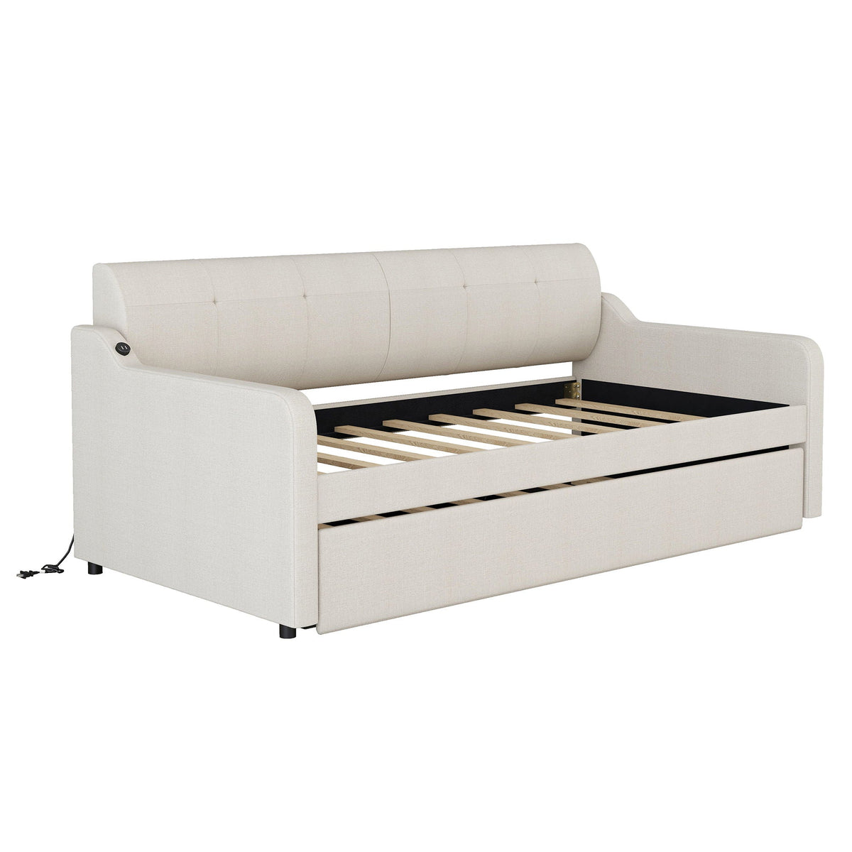 Upholstered daybed with trundle in beige fabric, USB charging, HouseOfZazla bed frame on Tampa Home & Garden Store
