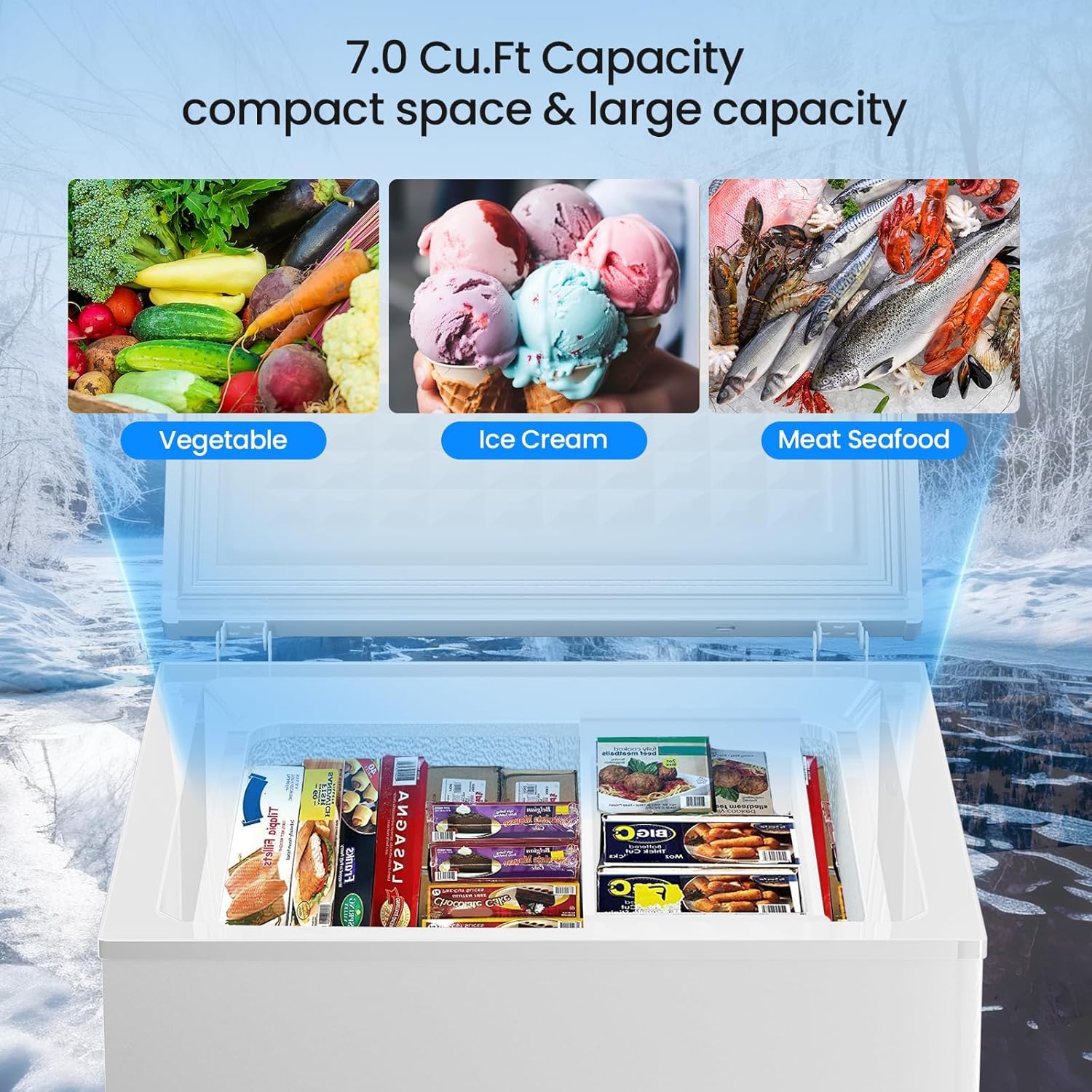 White 3.5 cu ft chest freezer open with removable baskets, vegetables, ice cream, seafood on Tampa Home & Garden Store
