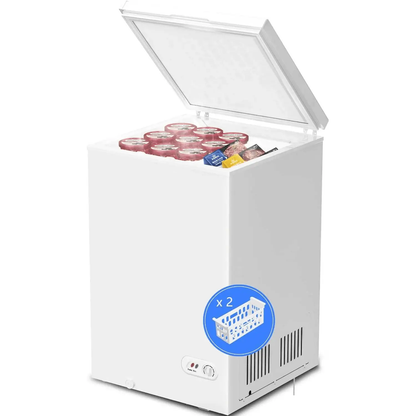 Kismile BD97 3.5 cu ft chest freezer with open lid and 2 removable baskets on Tampa Home & Garden Store