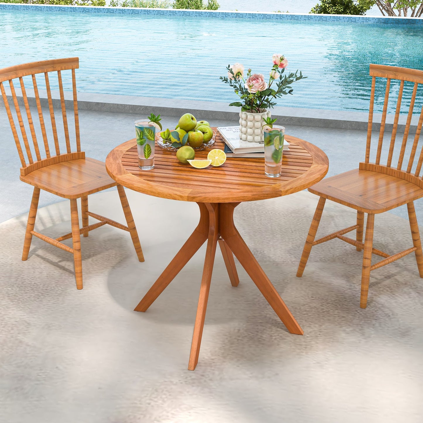 Mesa de comedor de madera para patio de 35.5 pulgadas con tablero de listones y patas curvadas