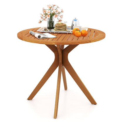 Mesa de comedor de madera para patio de 35.5 pulgadas con tablero de listones y patas curvadas