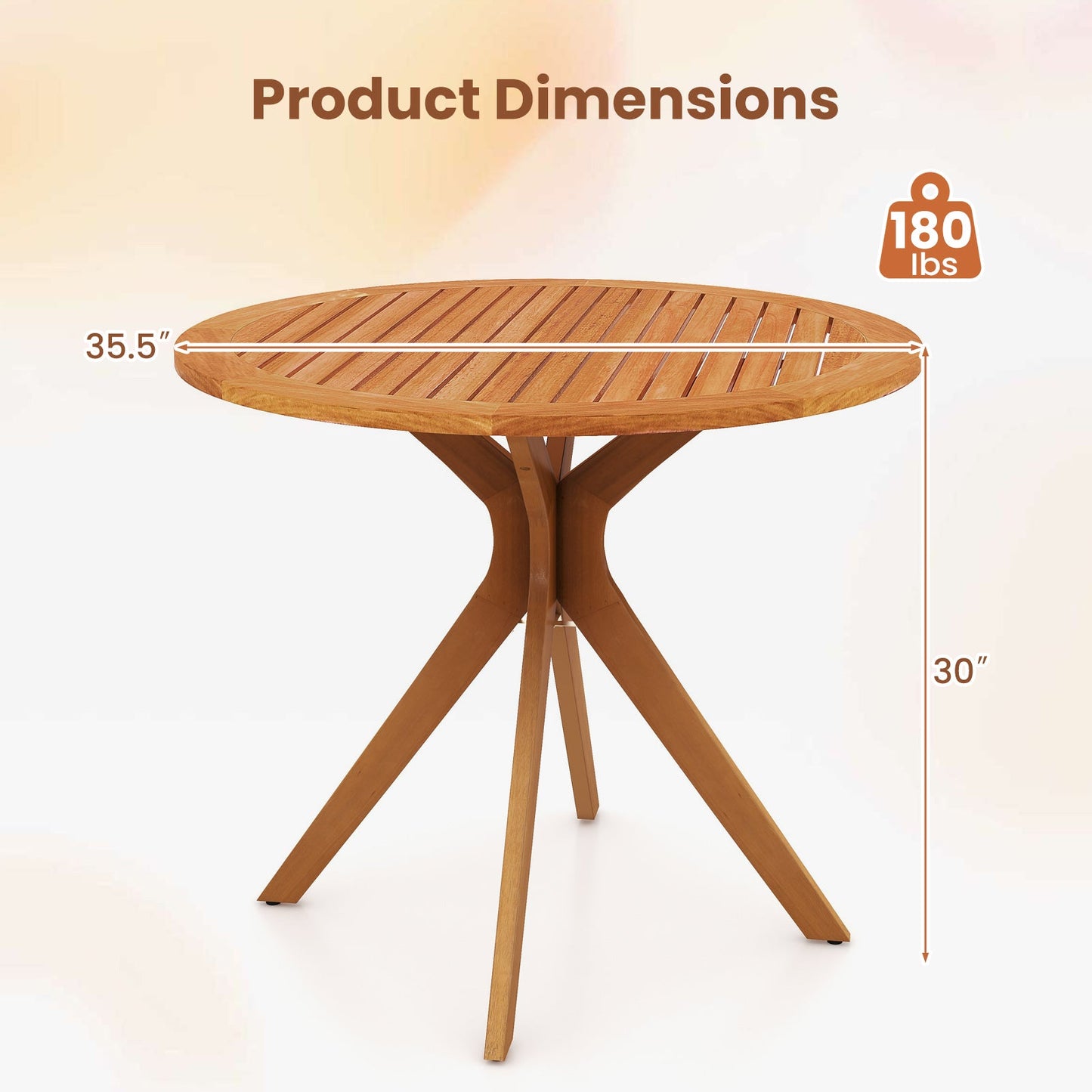 Mesa de comedor de madera para patio de 35.5 pulgadas con tablero de listones y patas curvadas