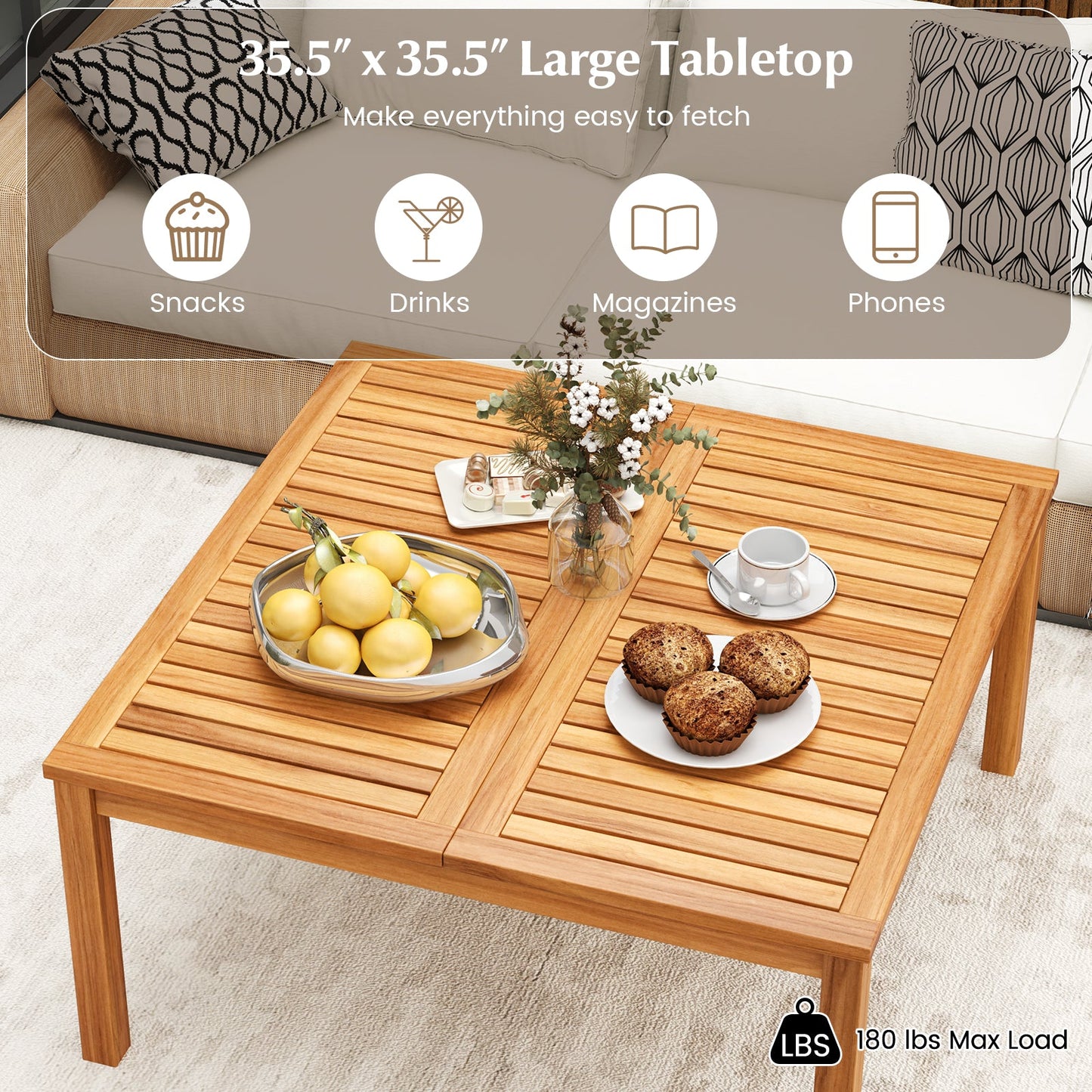 Mesa de centro/auxiliar de madera maciza de acacia para patio de 35.5 pulgadas