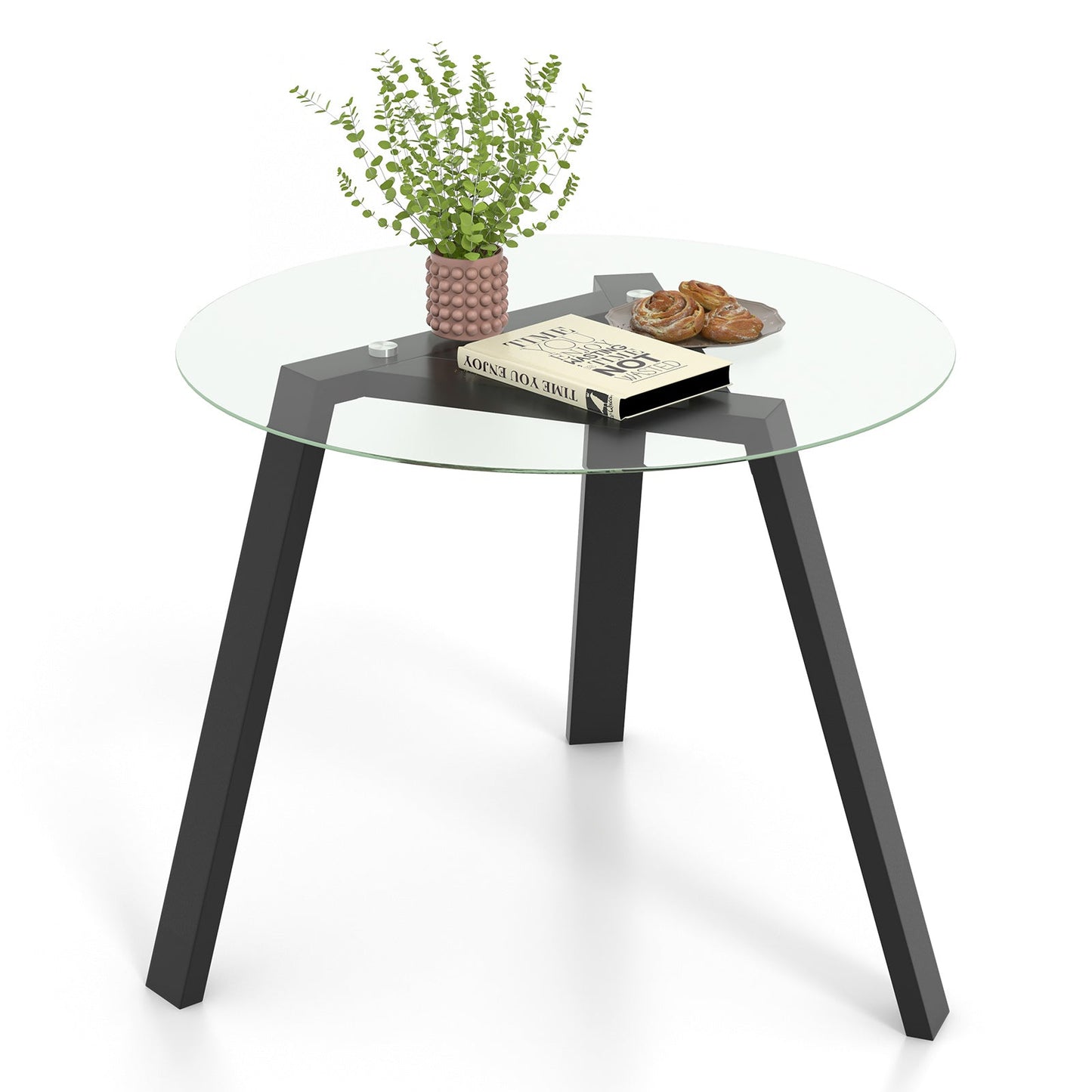 36 Inches Round Glass Dining Table for 4 with Rubber Wood Frame