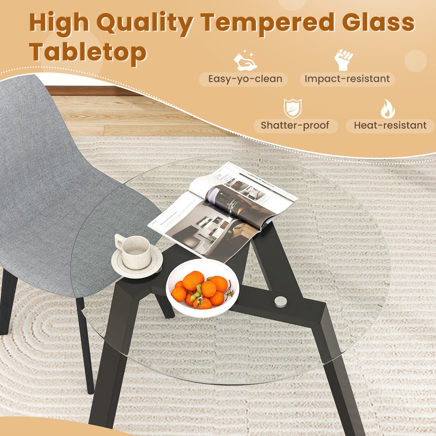 36 Inches Round Glass Dining Table for 4 with Rubber Wood Frame