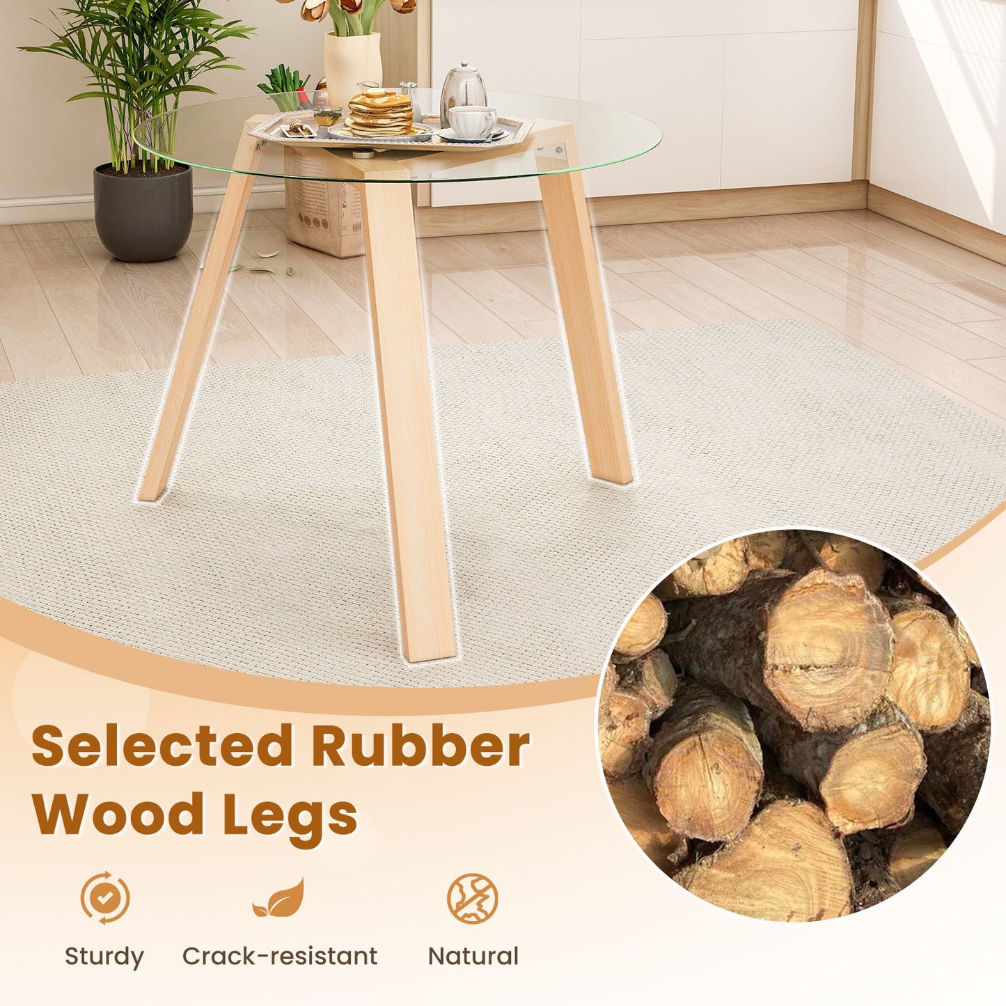 36 Inches Round Glass Dining Table for 4 with Rubber Wood Frame