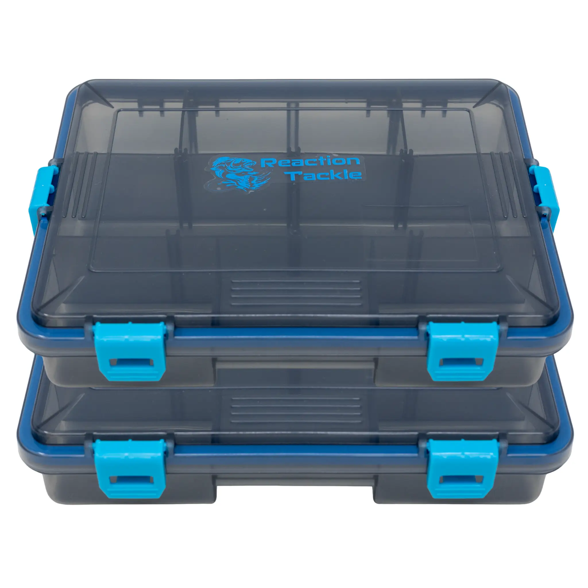 Reaction Tackle Tray Waterproof with 4 Clips, dark translucent lid, blue latches on Tampa Home & Garden Store