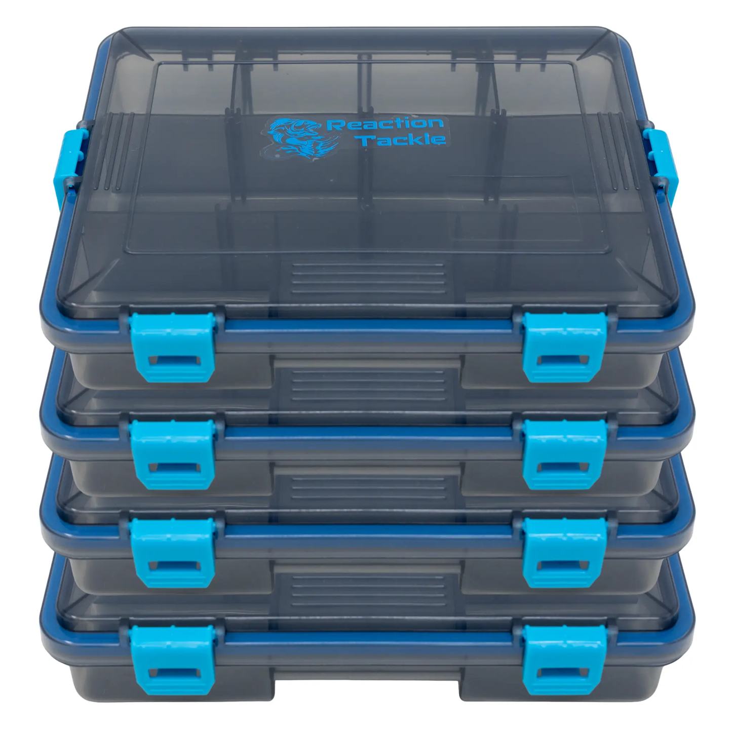 Reaction Tackle Waterproof Tray with 4 Clips, clear lid, blue latches, logo visible on lid on Tampa Home & Garden Store