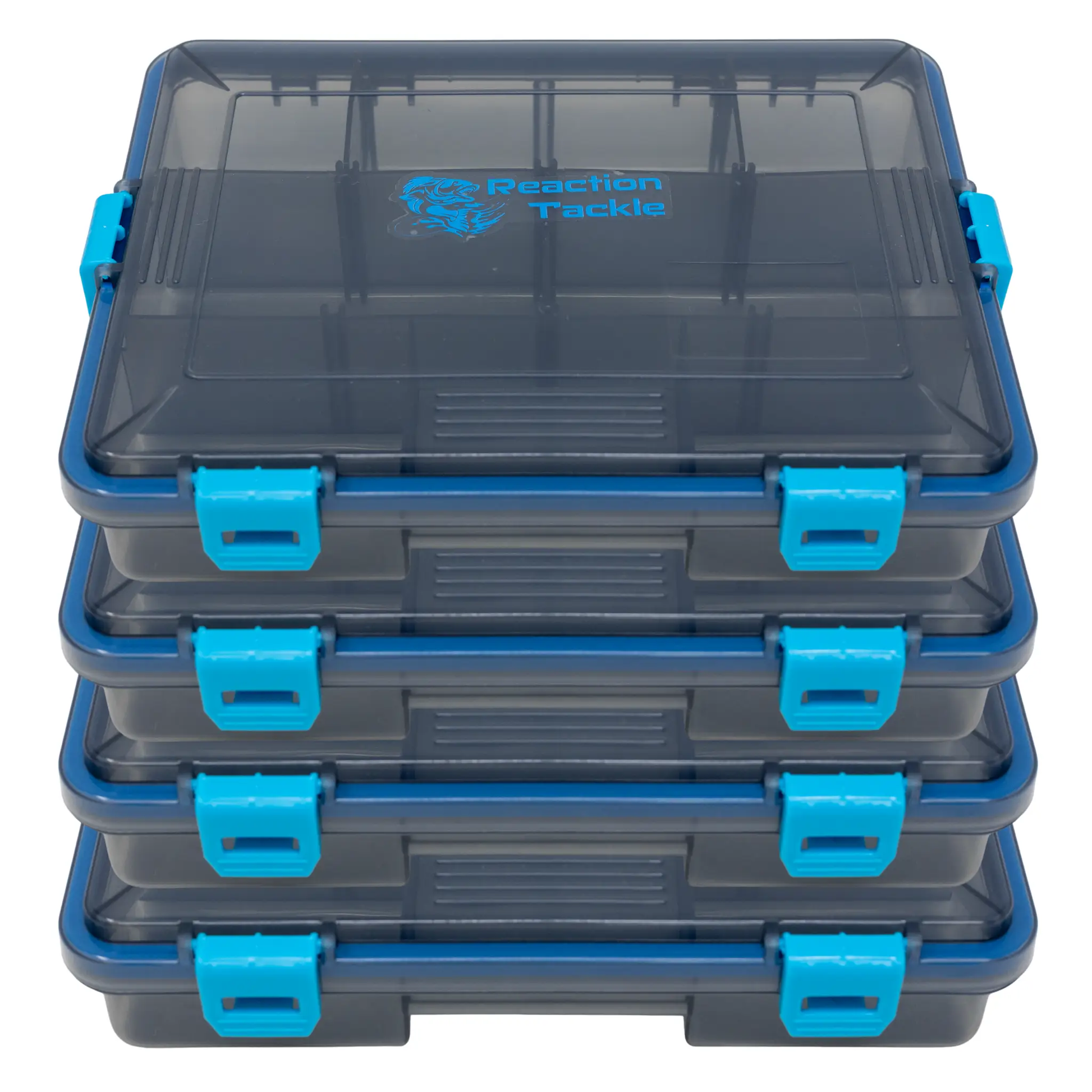 Reaction Tackle Waterproof Tray with 4 Clips, clear lid, blue latches, logo visible on lid on Tampa Home & Garden Store