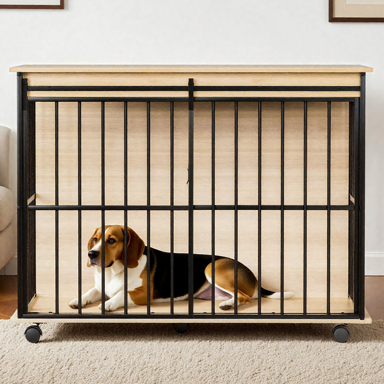 Large dog crate furniture in black metal frame with natural wood top on caster wheels on Tampa Home & Garden Store