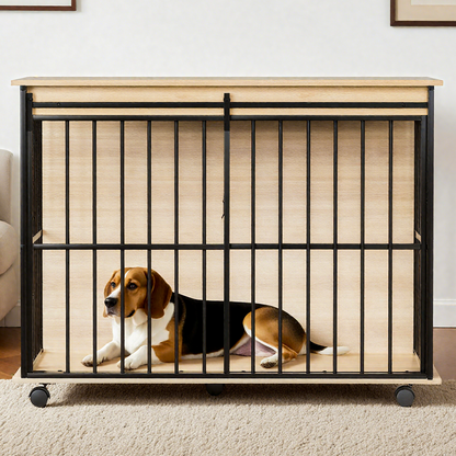 Large dog crate furniture in black metal frame with natural wood top on caster wheels on Tampa Home & Garden Store