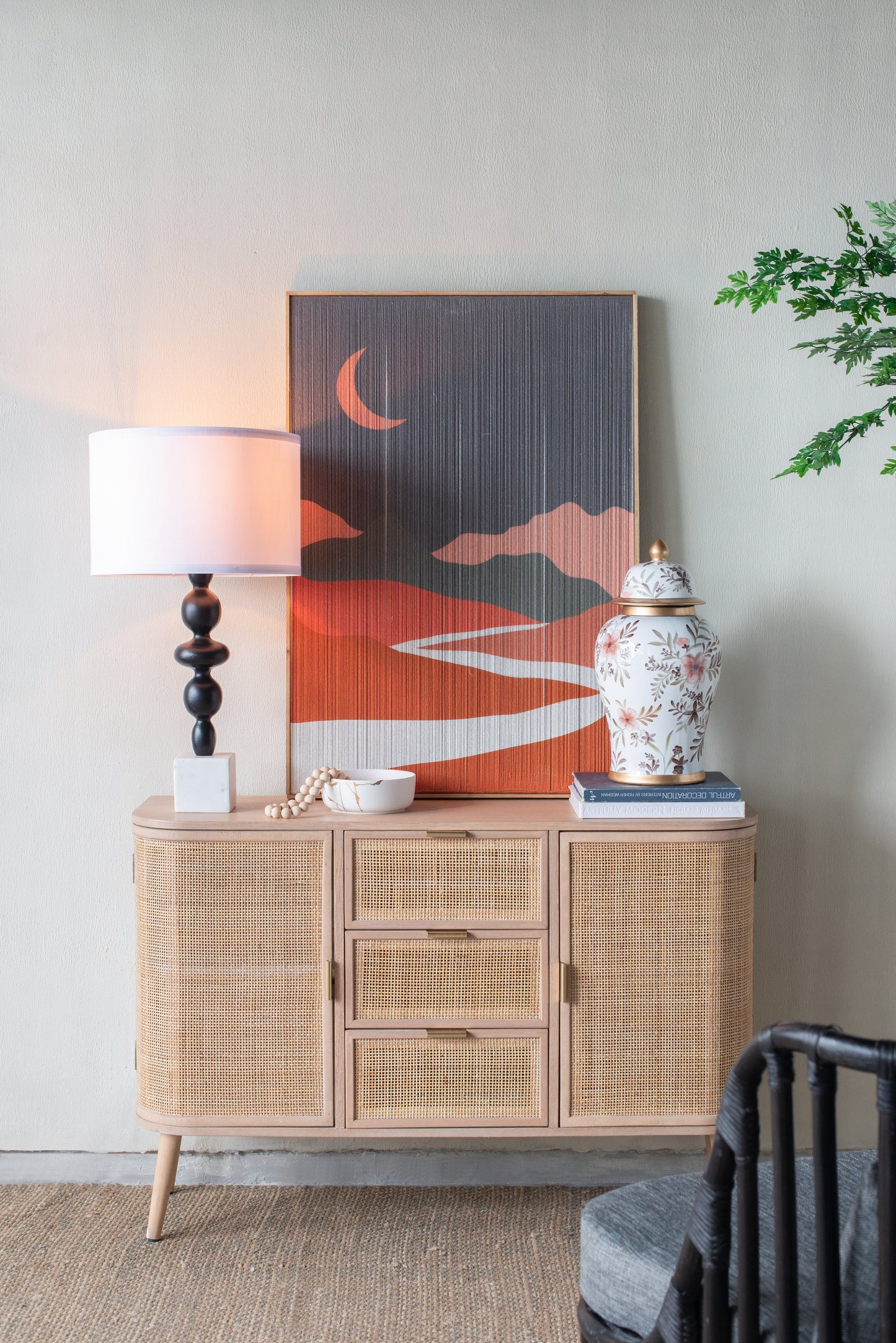 D15x29.5 table lamp with dark stacked-ball base and white fabric shade on a light wood console on Tampa Home & Garden Store