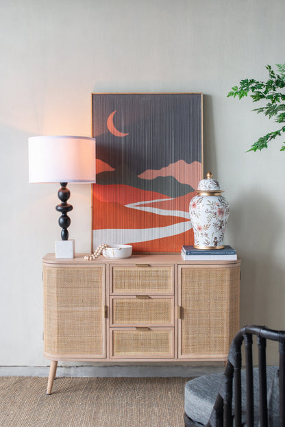 D15x29.5 table lamp with dark stacked-ball base and white fabric shade on a light wood console on Tampa Home & Garden Store