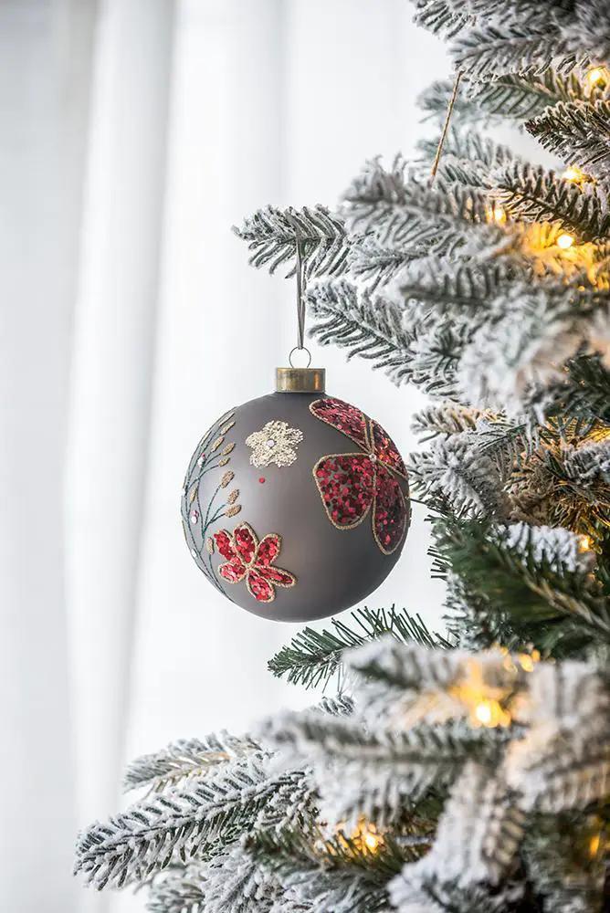 Glass hanging ball ornament in gray with red glitter florals Christmas Unique Piece Furniture on Tampa Home & Garden Store