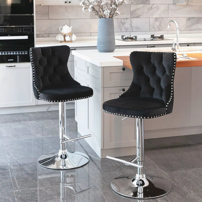 Tufted black swivel bar stools with backs, chrome pedestals, height adjustable 25–33 in (2) on Tampa Home & Garden Store
