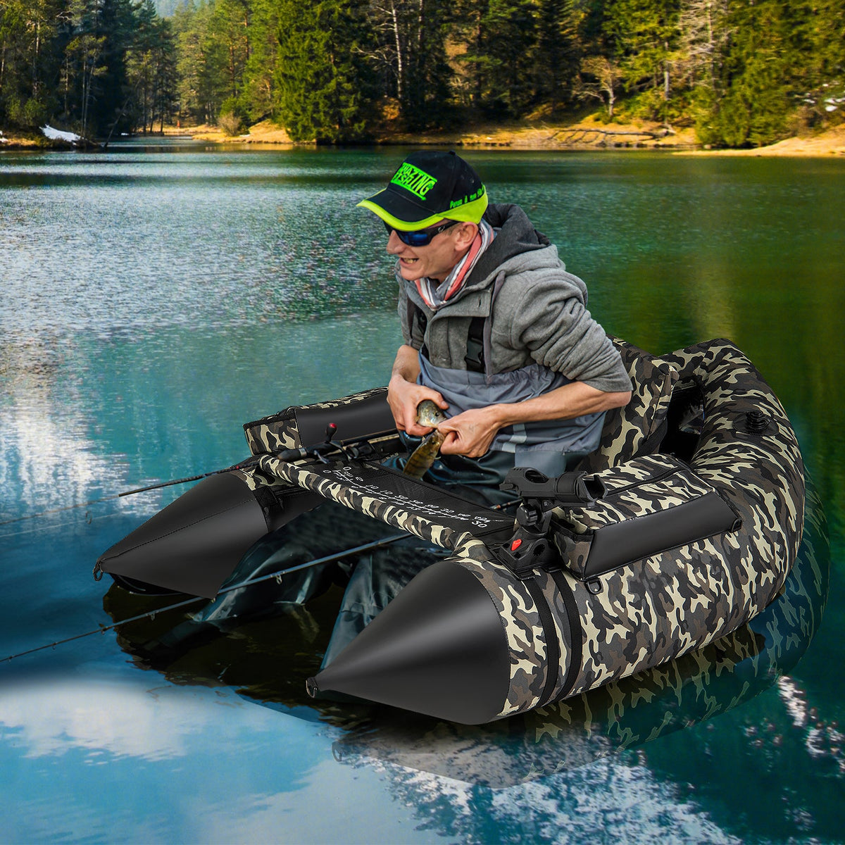 GemGear 350 LBS inflatable fishing float tube camouflage with backrest and backpack straps on Tampa Home & Garden Store