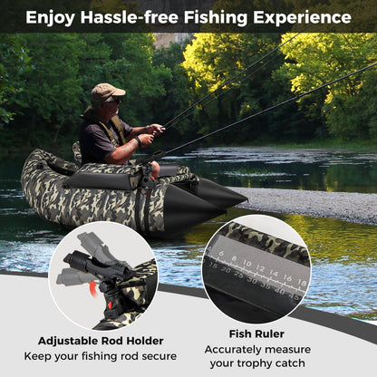 Inflatable fishing float tube by GemGear camouflage with adjustable backrest and backpack straps on Tampa Home & Garden Store