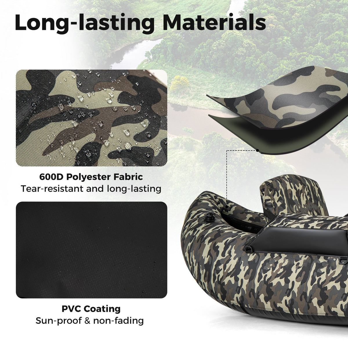 GemGear 350-lb camo inflatable fishing float tube with adjustable backrest backpack straps on Tampa Home & Garden Store