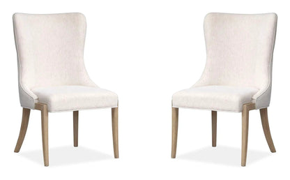 Sunset Cove Upholstered Host Chair pair in Sanibel Brown; beige fabric, natural wood legs on Tampa Home & Garden Store