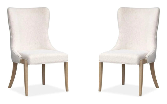 Sunset Cove Upholstered Host Chair pair in Sanibel Brown; beige fabric, natural wood legs on Tampa Home & Garden Store