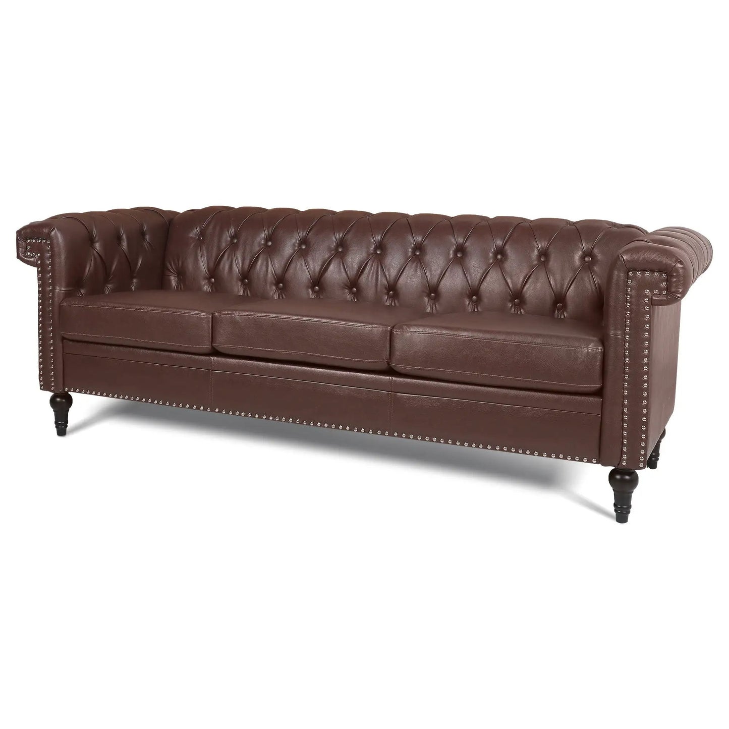Traditional square-arm removable cushion 3-seater sofa brown leather tufted back on Tampa Home & Garden Store