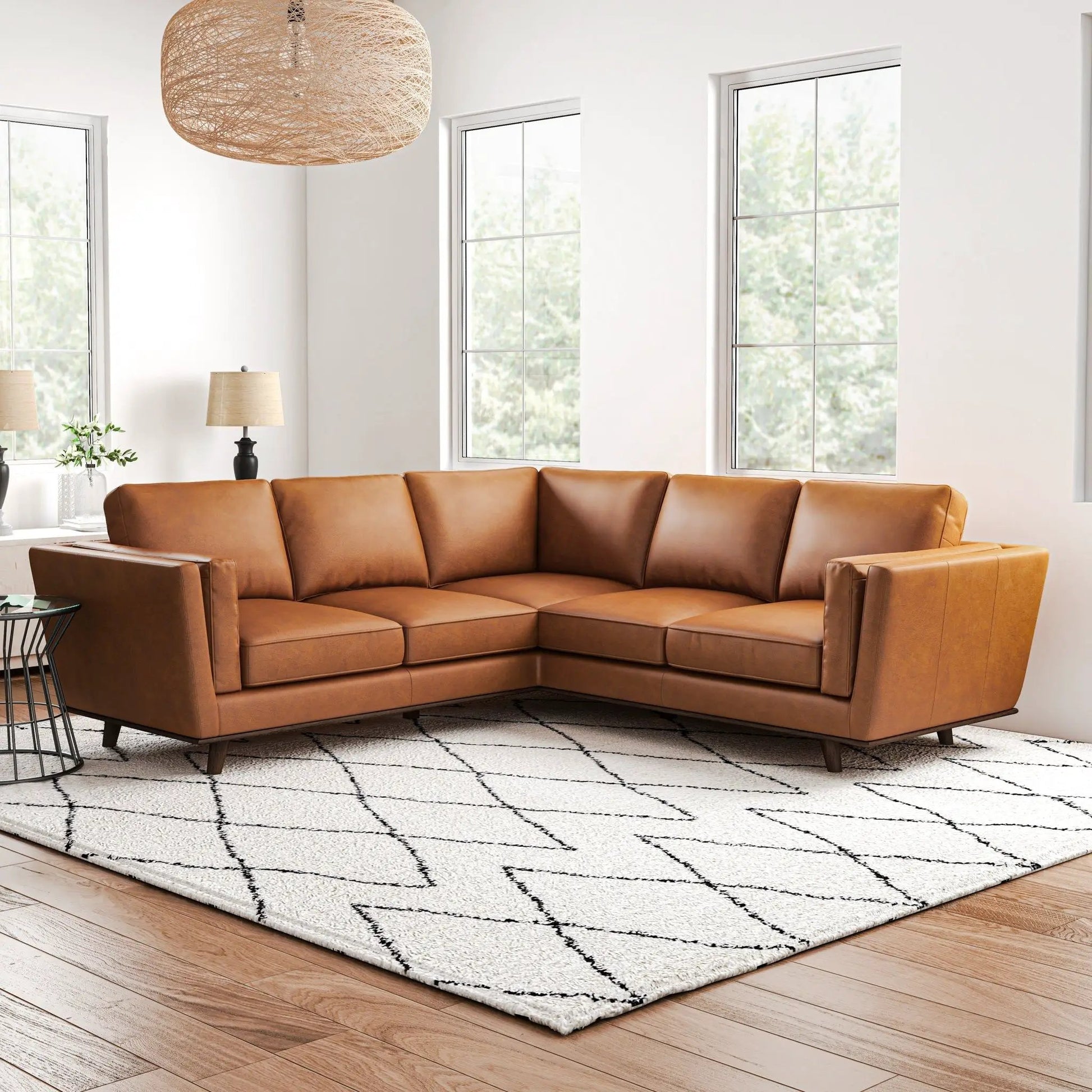 Erman tan leather corner sofa, Unique Piece Furniture stationary sectional in living room on Tampa Home & Garden Store