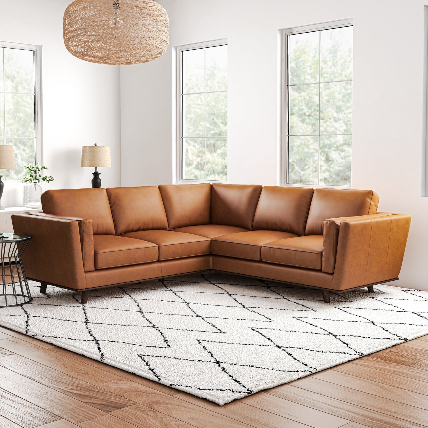Erman tan leather corner sofa sectional in modern living room on Tampa Home & Garden Store