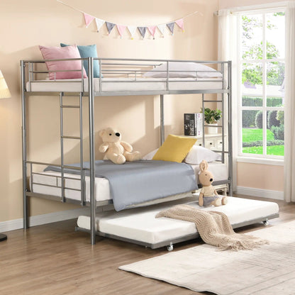 Bunk Bed With Trundle in silver metal frame; dual bunks, pink and blue pillows, two teddy bears on Tampa Home & Garden Store