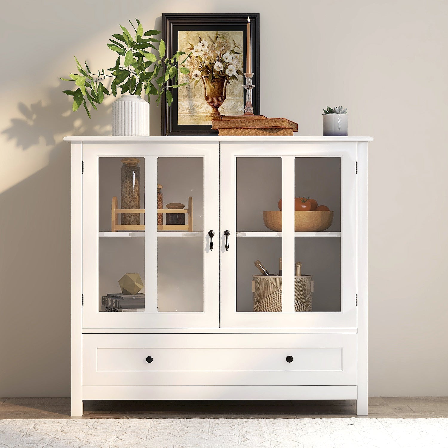 Buffet storage cabinet with double glass doors, white finish, bell handles, HouseOfZazla on Tampa Home & Garden Store