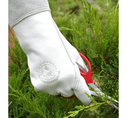 The Gardeners' Goatskin Glove by Womanswork, white goatskin, shown with red pruning shears on Tampa Home & Garden Store