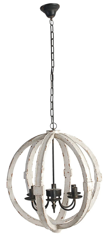 Chandelier with white spherical metal frame, candle-style sockets, black chain on Tampa Home & Garden Store