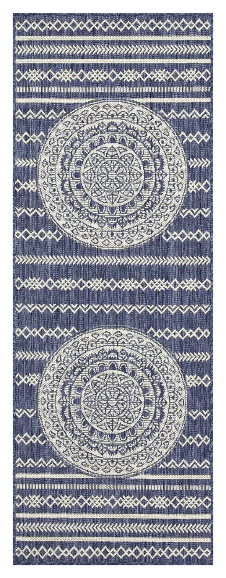 Sunshine indoor/outdoor area rug navy with white mandala medallions and stripes; polypropylene on Tampa Home & Garden Store