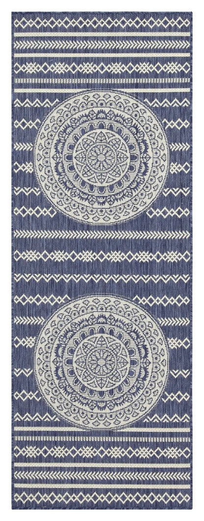 Sunshine indoor/outdoor area rug navy with white mandala medallions and stripes; polypropylene on Tampa Home & Garden Store