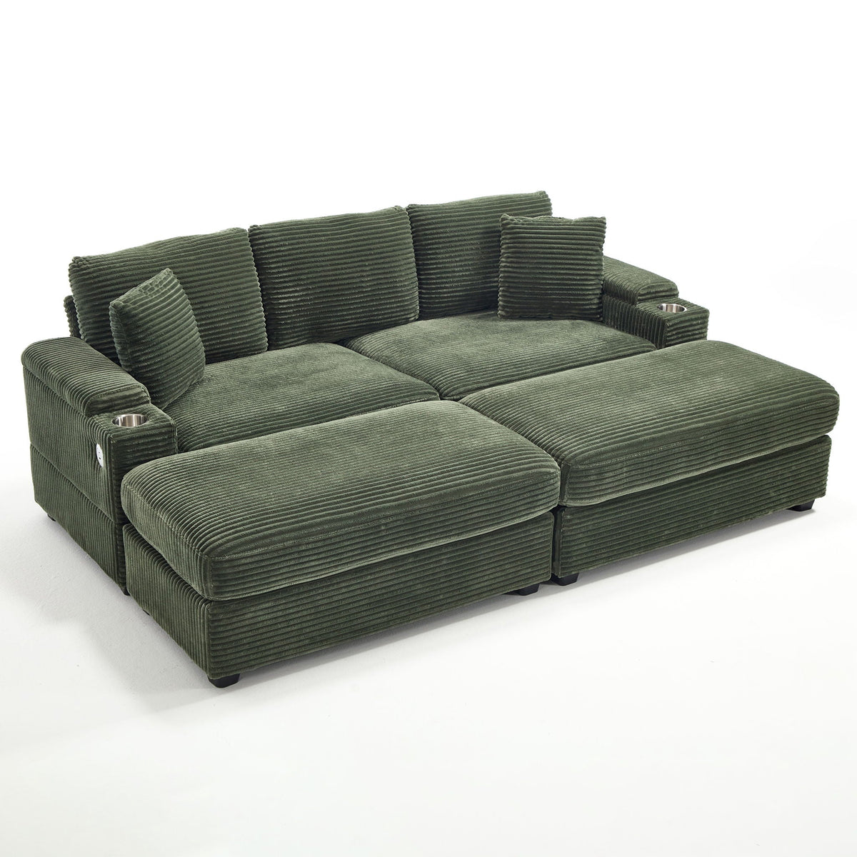 HouseOfZazla green corduroy convertible sectional sofa with armrest storage and cup holder 3-piece set on Tampa Home & Garden Store