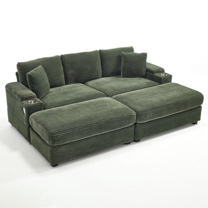 HouseOfZazla green corduroy convertible sectional sofa with armrest storage and cup holder 3-piece set on Tampa Home & Garden Store