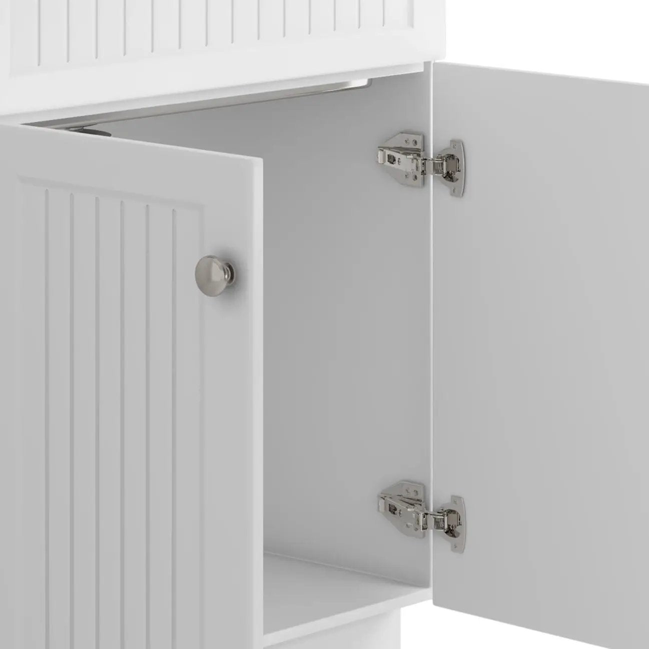 Beckham white beadboard laundry cabinet vanity with open door and metal knob hinges visible on Tampa Home & Garden Store