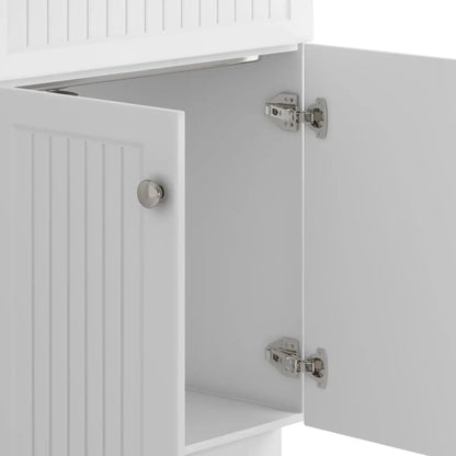 Beckham white beadboard laundry cabinet vanity with open door and metal knob hinges visible on Tampa Home & Garden Store